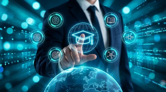 Businessman interacts with augmented reality interface showing graduation cap globe and educational icons, representing digital learning and worldwide connectivity.
