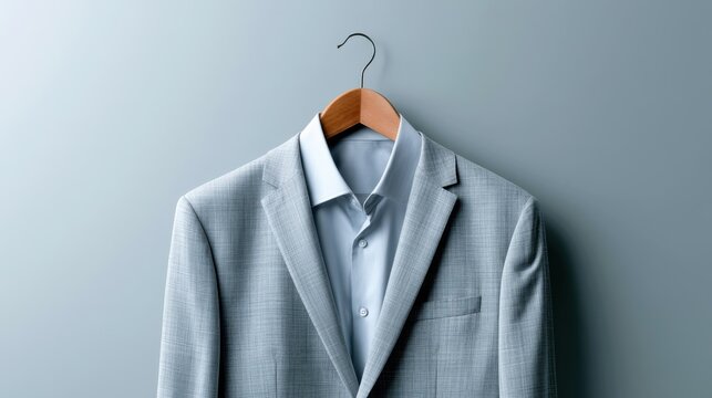 A crisp light blue button-down shirt paired with a classic light grey suit jacket, both hanging neatly on a wooden hanger against a solid grey backdrop. This image evokes professionalism and style.