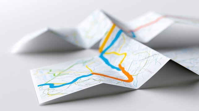 A folded map with colorful routes laid out on a white surface. The map details various paths and destinations, highlighting journeys and exploration