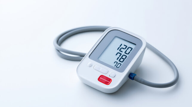 A digital blood pressure monitor rests on a white surface, displaying vital reading numbers