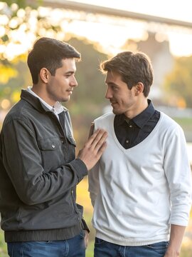 Two men talking with supportive friendship outdoors, illuminated by warm sunlight in a peaceful setting.