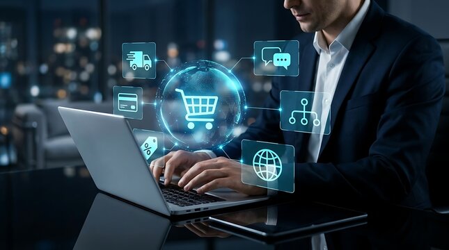 Businessman using laptop with digital e-commerce icons for online shopping and global business analytics.