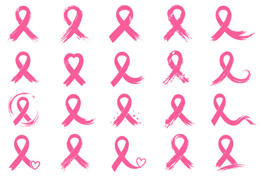 Pink breast cancer awareness ribbon collection, hand painted brush and clean styles, heart accents and artistic textures, isolated on white background