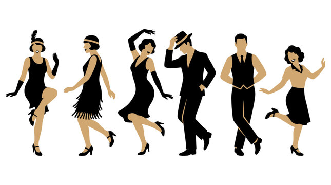 Roaring Twenties Dancers Vector Set, 1920s Vintage Party People Illustration