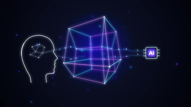 Abstract 4D tesseract rotation brain data exchange with AI chip, technology loop