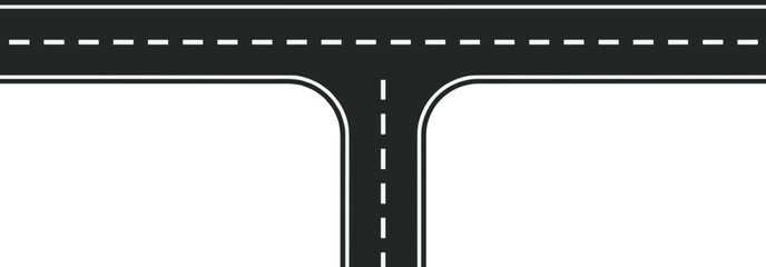 Naklejka premium Asphalt T-junction road vector illustration featuring three-way street intersection with dashed white lines markings
