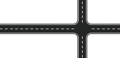 Fototapeta premium Four-way asphalt crossroad vector illustration featuring 4-way street intersection with dashed white line markings