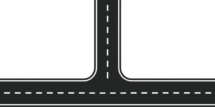 Asphalt T-junction road vector illustration featuring three-way street intersection with dashed white lines markings