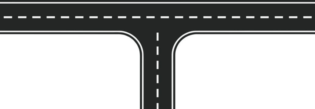 Asphalt T-junction road vector illustration featuring three-way street intersection with dashed white lines markings