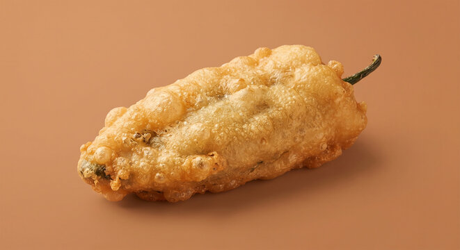 &nbsp;A clean, studio-lit commercial photograph of a single classic chile relleno isolated against a solid warm-earth background, emphasizing its puffy, golden-brown fried exterior and rich texture.
