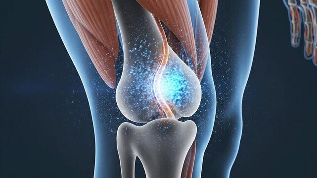 3D Illustration of Human Knee Joint and ACL Reconstruction Recovery Concept with Glowing Effects and Anatomical Accuracy