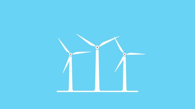 4K motion graphic of Wind turbine icon with alpha channel transparency. 2D cartoon animation of renewable ecological energy, wind generator for generating electricity supply on blue background.