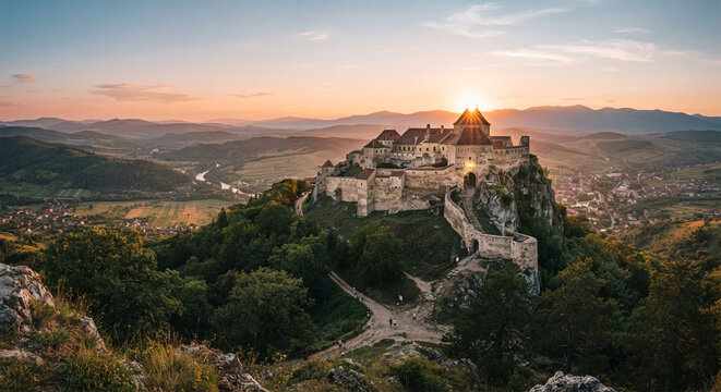 A cinematic, golden-hour photograph of the ancient peasant fortress of R&acirc;șnov perched high on a rocky hilltop overlooking the expansive B&acirc;rsa 