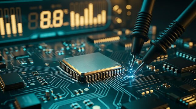 Detailed view of central processing unit on circuit board, digital probes measuring performance, showcasing advanced computer technology and electronic infrastructure, vivid blue and orange glow.