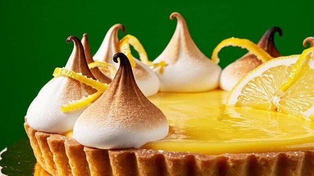 Classic French Tarte Au Citron Isolated On Pure Chroma Key Green Background Showcasing Meringue Peaks And Lemon Garnishes For Culinary Presentations
