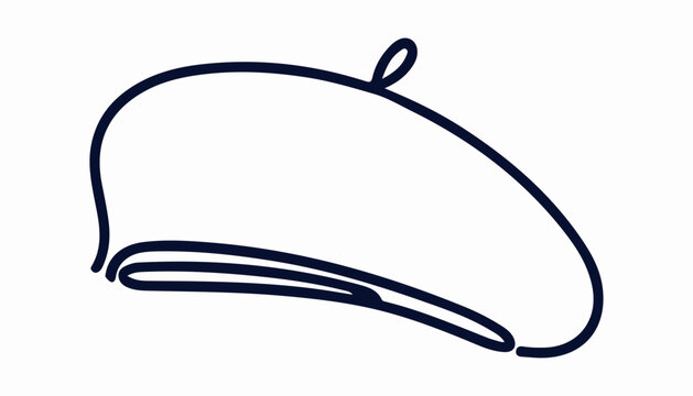 One continuous line illustration of an beret cap , isolated on white background.