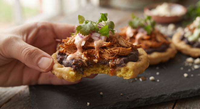 A focus-stacked, mouth-watering image capturing a bite taken out of a loaded sope, showing the contrast between the dense, chewy corn base and the savory toppings.