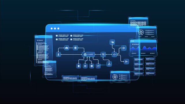 Futuristic AI automation workflow network diagram dashboard system data processing with automation pipelines, analytics dashboards, coding and automation system, looped animation