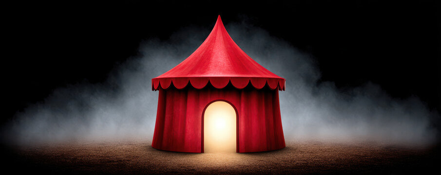 Glowing red tent stands alone in darkness with fog surrounding it creating mysterious halloween scene with spider lurking nearby
