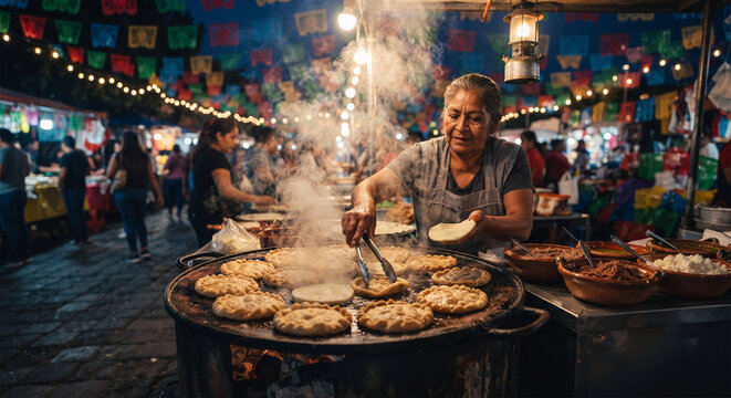 An atmospheric, low-light shot of a street food vendor shaping and frying sopes on a bustling outdoor griddle, with steam and smoke curling up under strings of colorful festive lights.
