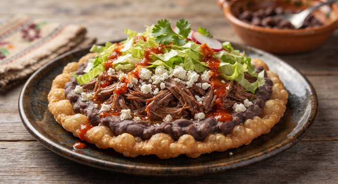 &nbsp;A vibrant food styling photograph of a classic sope fully loaded with a thick spread of refried black beans, shredded tender beef, crumbled white queso fresco, shredded lettuce.