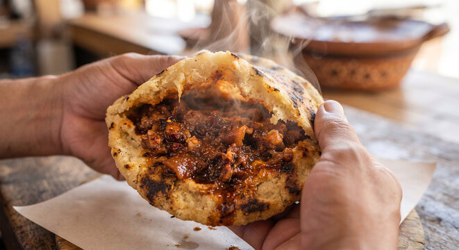 A dynamic, close-up photograph of a thick, golden-brown corn gordita being gently pulled open, revealing a steaming pocket stuffed with savory, slow-cooked chicharr&oacute;n prensado in a rich red salsa. 