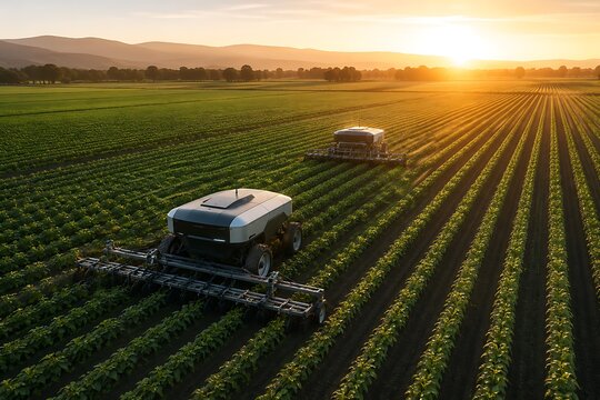Autonomous agricultural robots cultivate a vast field at sunrise, showcasing the future of precision farming and sustainable agriculture.