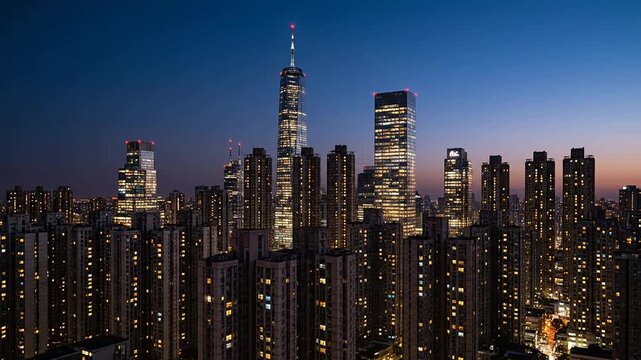 City Skyline at Dusk with Illuminated Apartment Towers and Vibrant Twilight Colors