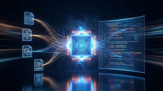 Abstract digital data streams flow through futuristic network system connecting to central processing unit and displaying programming code for advanced artificial intelligence.