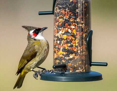 Red-whiskered Bulbul perched gracefully, enjoying grains in its natural habitat.