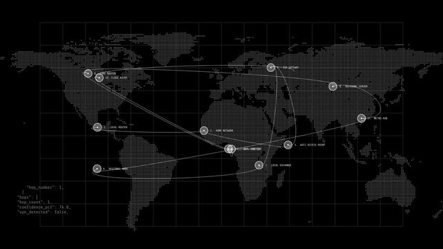 A high-tech digital heads-up display tracking global data packet routes across a technical world map interface with terminal readout logs.