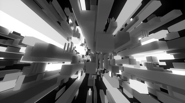A rapid perspective first-person flythrough down a monochrome grid canyon lined with abstract rectangular city block shapes.