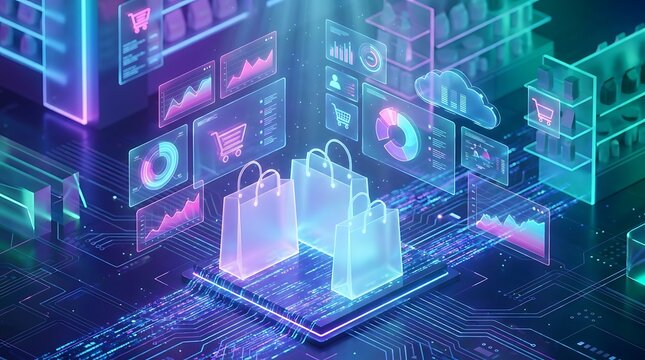 Online retail analytics with luminous shopping bags and holographic charts demonstrating sales trends and customer data in a futuristic digital landscape.