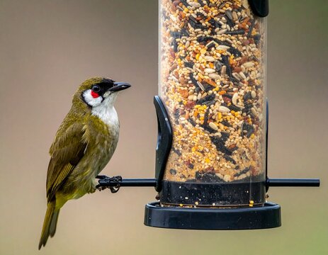Red-whiskered Bulbul perched naturally, eating grains in soft daylight.