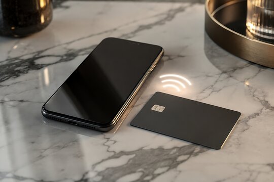Black smartphone and credit card on a marble table with contactless payment signal.