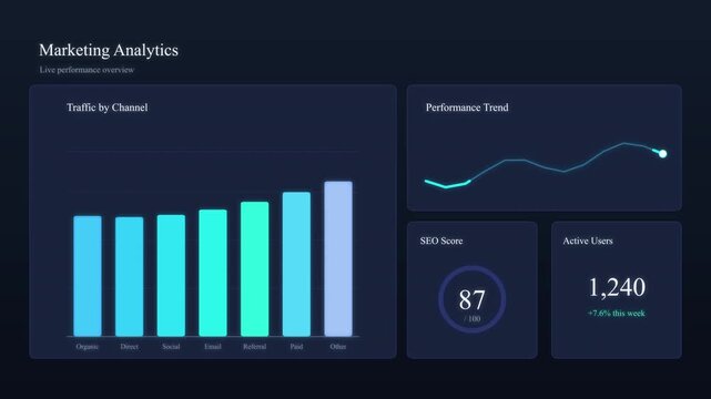 Animated dashboard analytics with rising bar charts, line graph trends, and key performance indicators, digital marketing data visualization