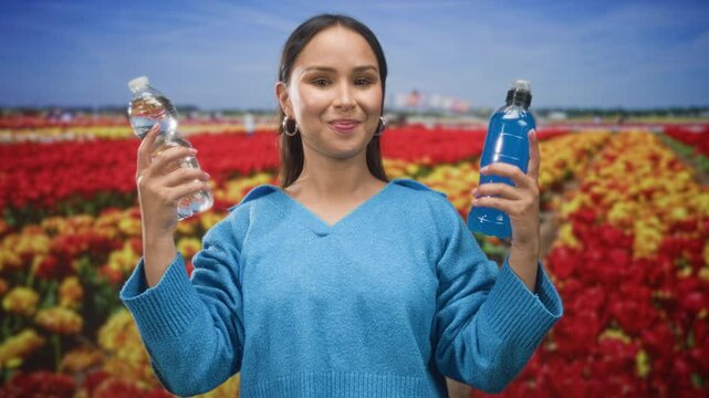 Woman holding clear water bottle and blue sports drink with raised hands and smiling face in studio; energetic refreshment.
