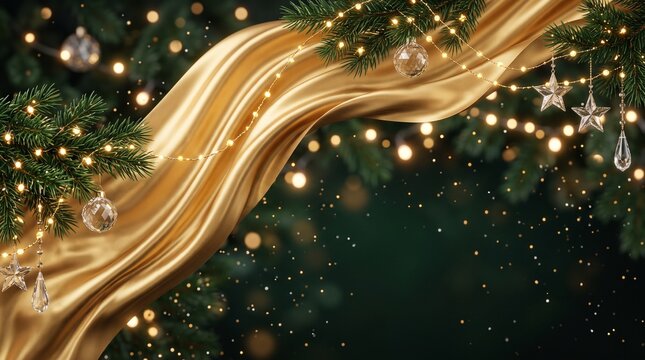 Elegant golden silk fabric waves wallpaper with green Christmas pine branches and festive bokeh lights