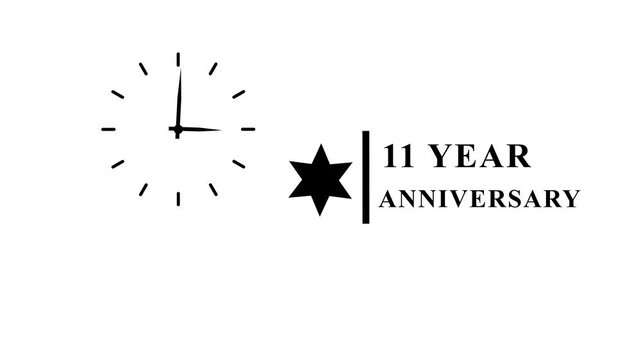 Clock hands moving fast next to eleven year anniversary logo on white background.