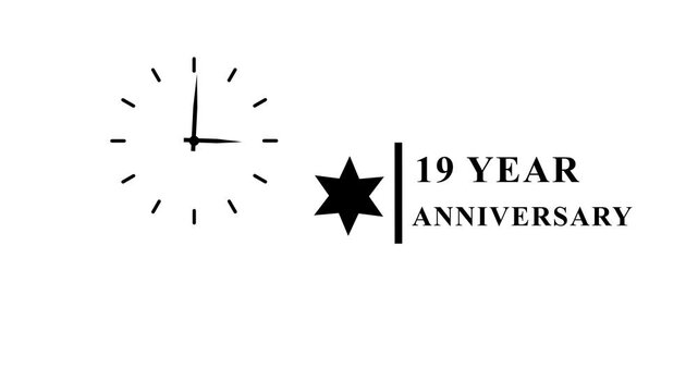 Minimalist clock animation for 19 year anniversary celebration on white backdrop.