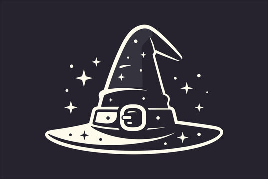 Magic witch hat with a big belt buckle surrounded by sparkling stars and celestial dust on a dark blue background.