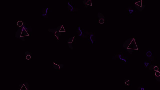 Abstract geometric shapes animation featuring pink and purple triangles circles and squiggly lines floating on black background for retro 80s motion graphics use.