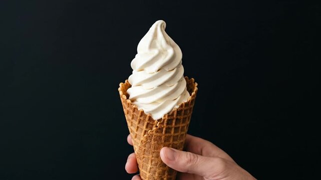 Hand Holding Vanilla Soft Serve Ice Cream Cone Against Black Background