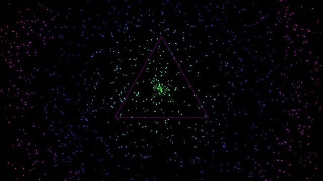 Abstract motion graphic animation of colorful particles moving towards a central triangular frame against a dark background creating a mesmerizing visual display.