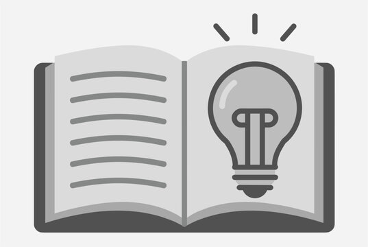Monochromatic flat icon of an open book with a glowing light bulb on the page, representing knowledge and creative ideas.