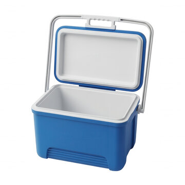 Open blue portable cooler box with handle isolated on transparent background for summer travel and camping storage