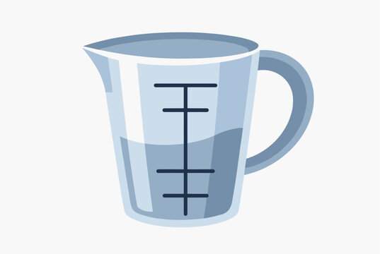 Simple blue measuring cup partially filled with liquid showing scale markings isolated on a light grey background.