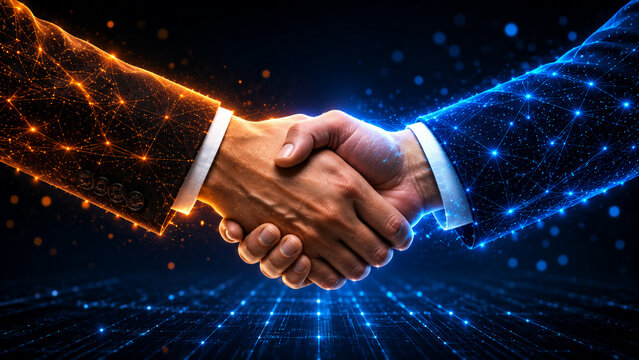 Two hands shaking covered in glowing orange and blue digital network lines over a cyber grid. Concept of technology business partnership and digital corporate integration.