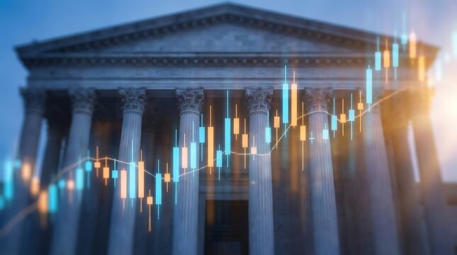 Financial stock market graph with candlesticks overlaid on grand neoclassical building pillars reflecting rising economy and investment growth opportunities.
