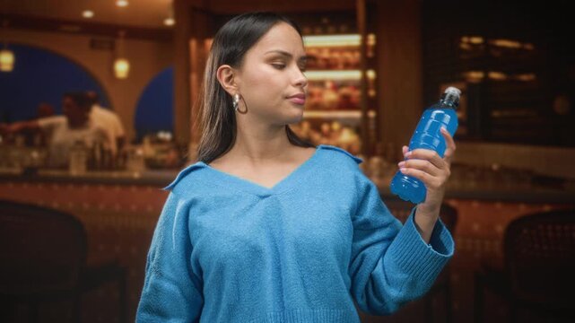 Woman in blue sweater holding and inspecting a blue sports bottle at a cafe counter with pastry shelves and warm pendant lights; mild skepticism.